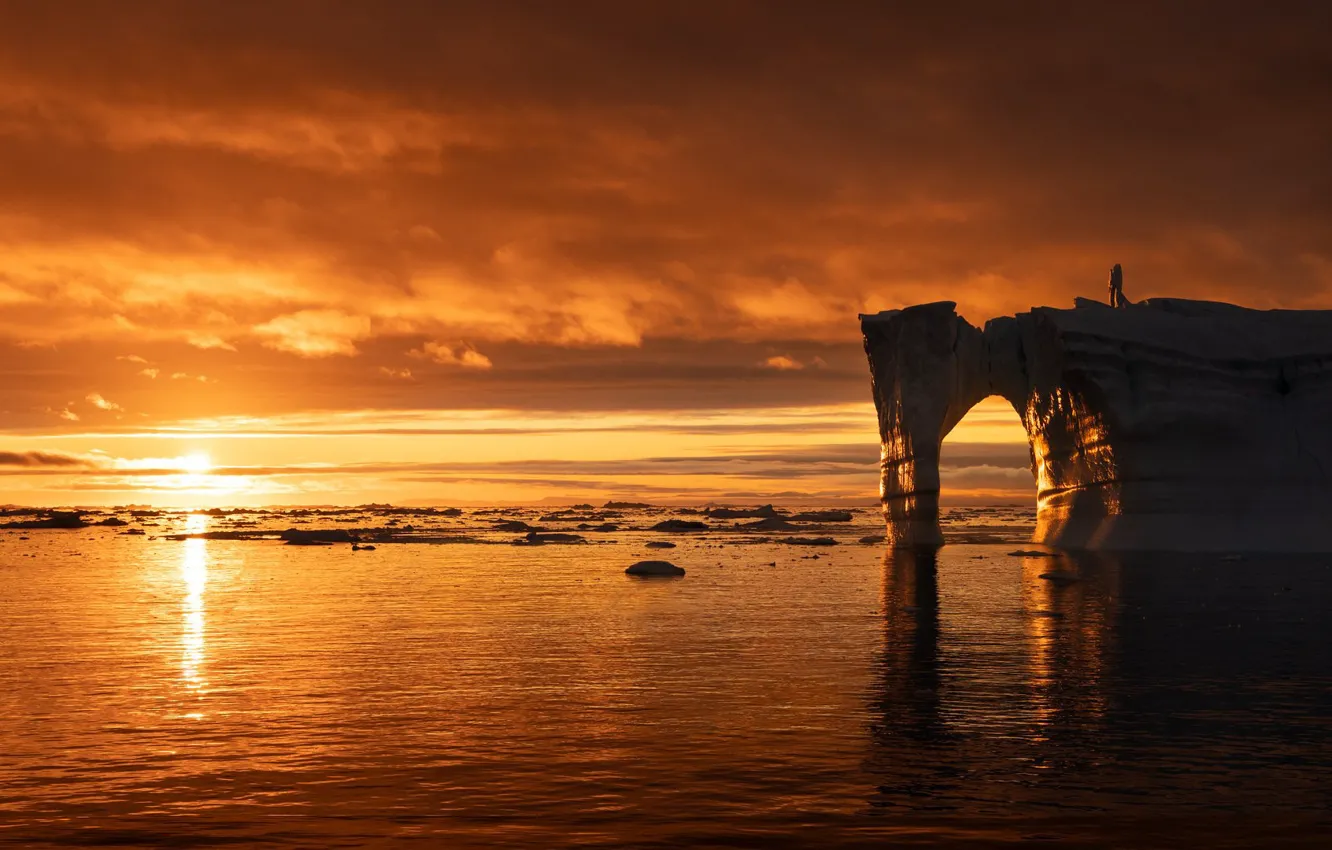 Photo wallpaper the sun, sunset, iceberg, arch, ice, pond
