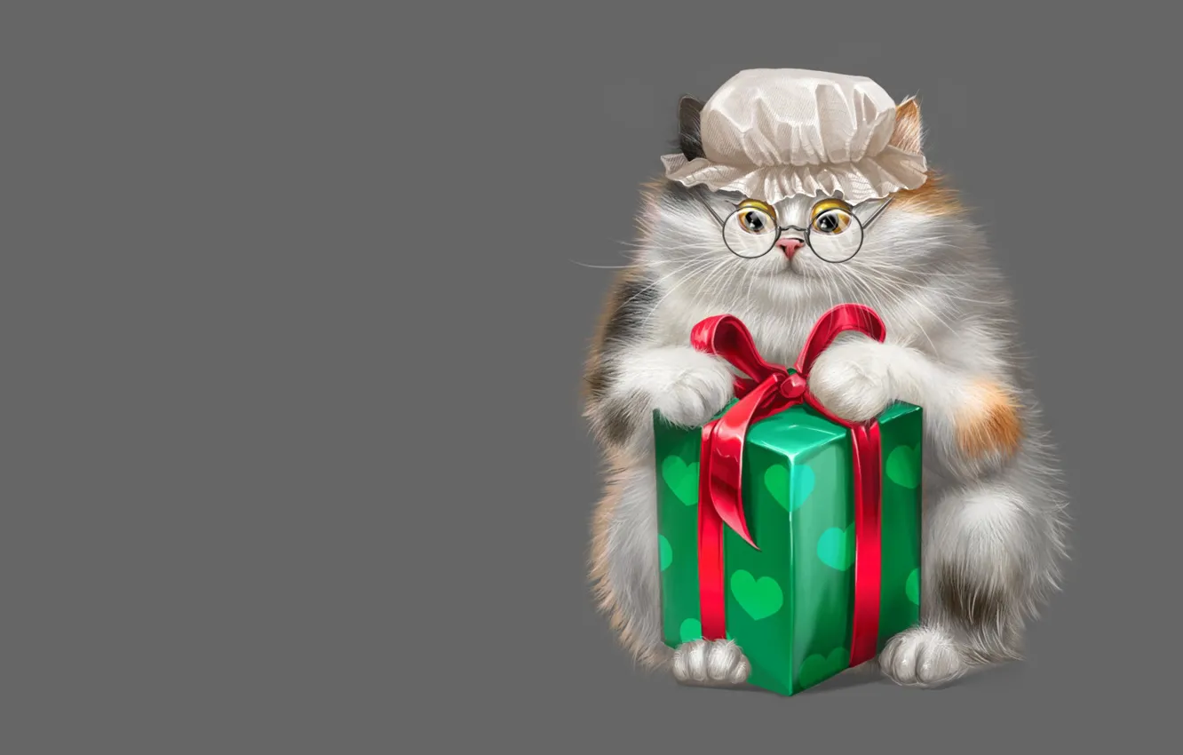 Photo wallpaper cat, box, gift, art, glasses, Game, children's, Kapor