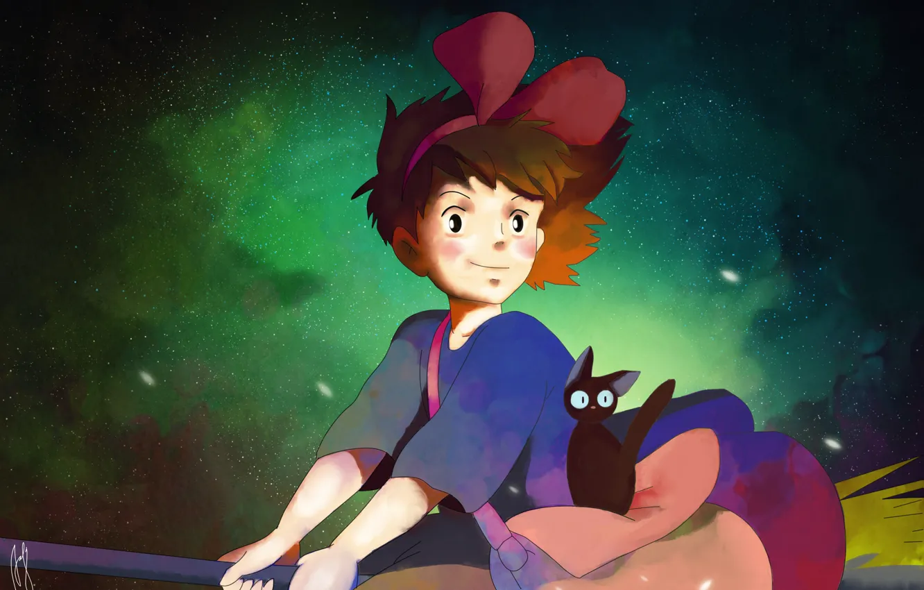 Photo wallpaper cat, girl, space, art, Kiki, Jiji, Kikis Delivery Service