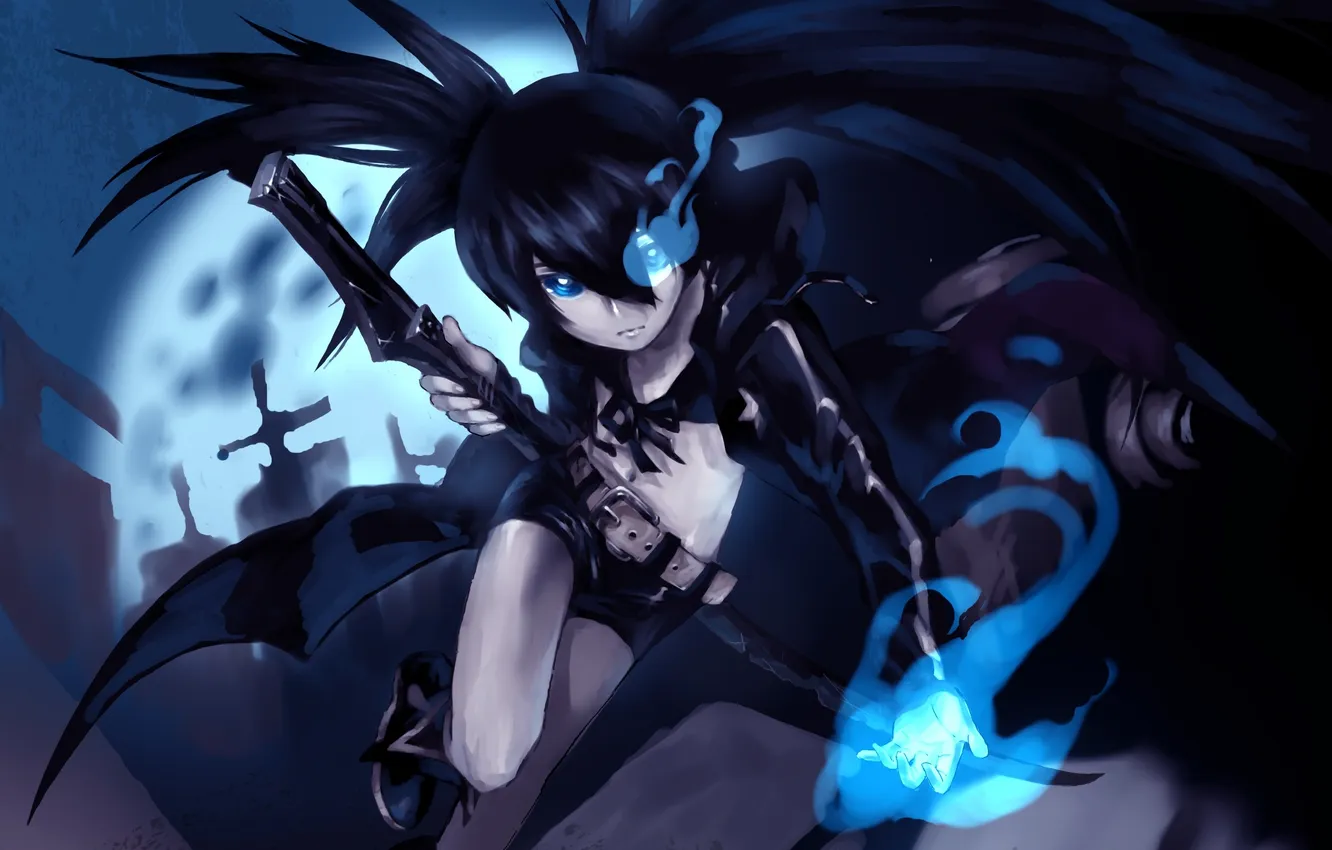 Photo wallpaper girl, night, weapons, the moon, katana, anime, art, black rock shooter