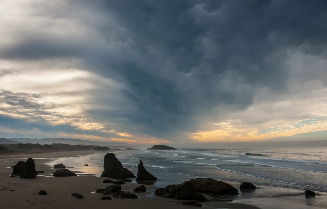 Photo wallpaper wave, beach, clouds, sunrise, rocks, Oregon, waves, beach