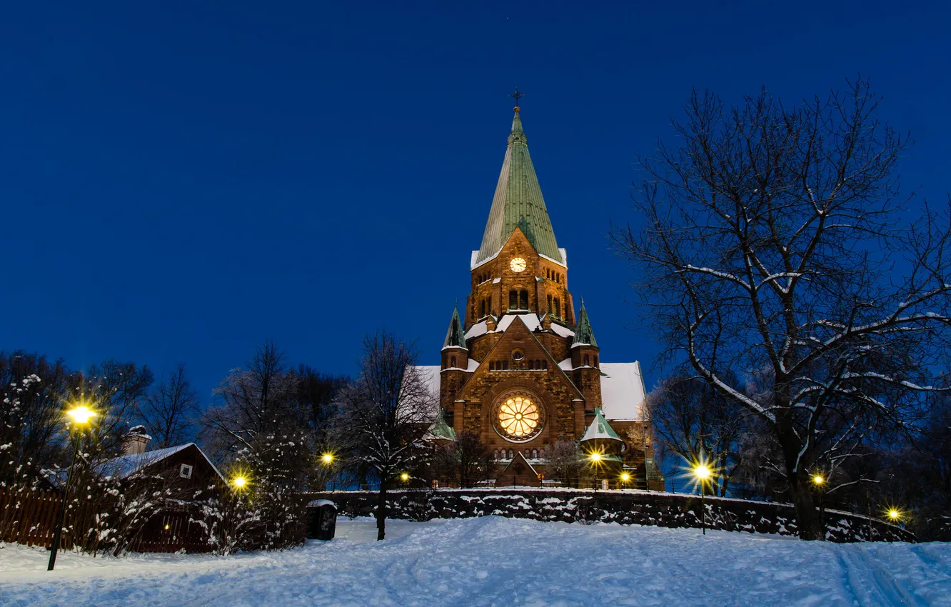 Photo wallpaper winter, snow, trees, the evening, Church, Stockholm, Sweden, Sweden