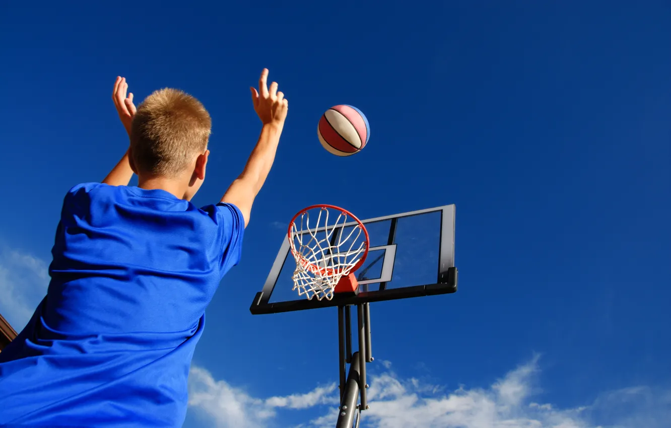 Photo wallpaper the sky, children, sport, the ball, boy, ring, Basketball