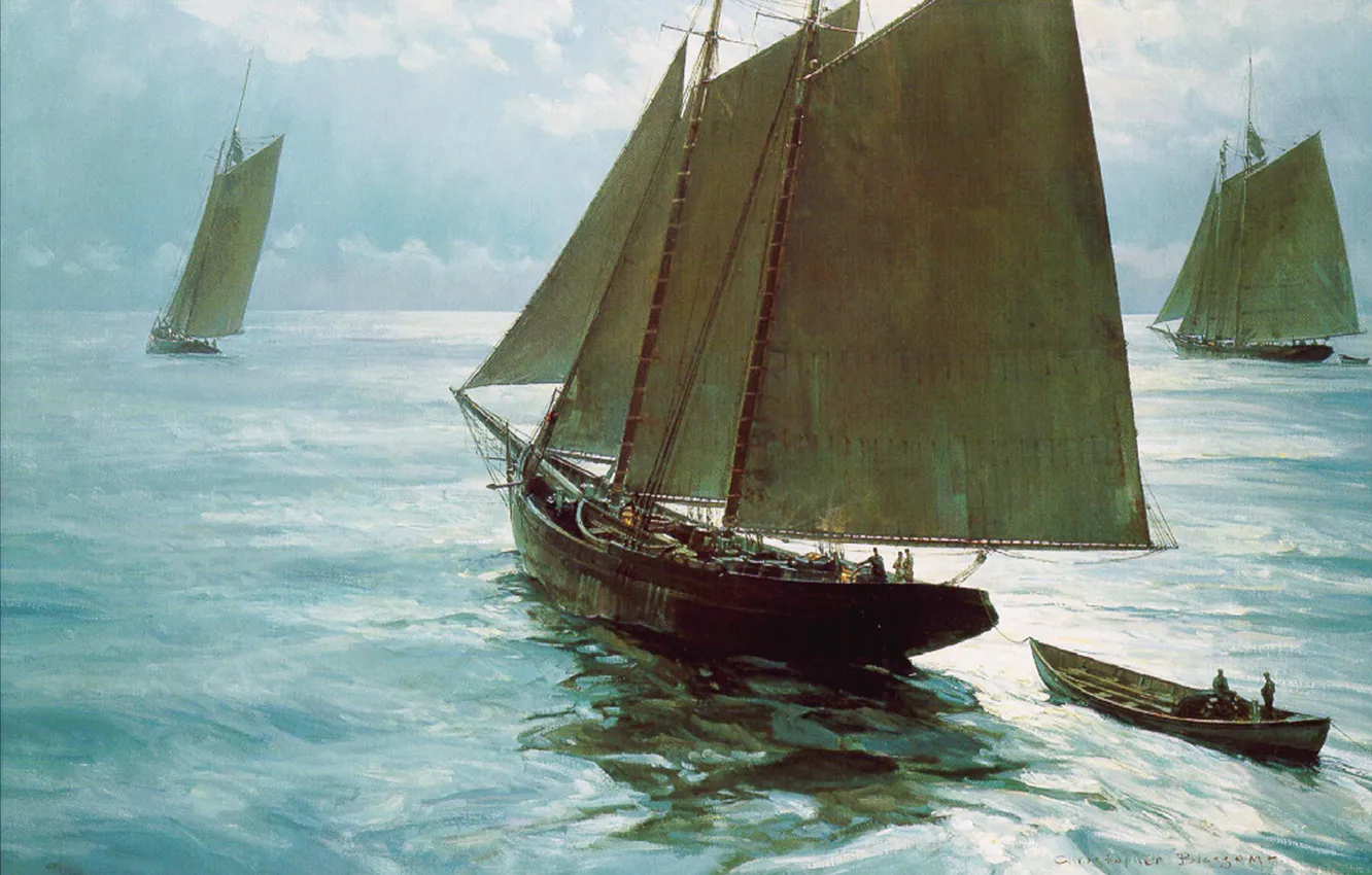 Photo wallpaper sea, clouds, boat, people, ship, sailboat, picture, Blossom Christopher