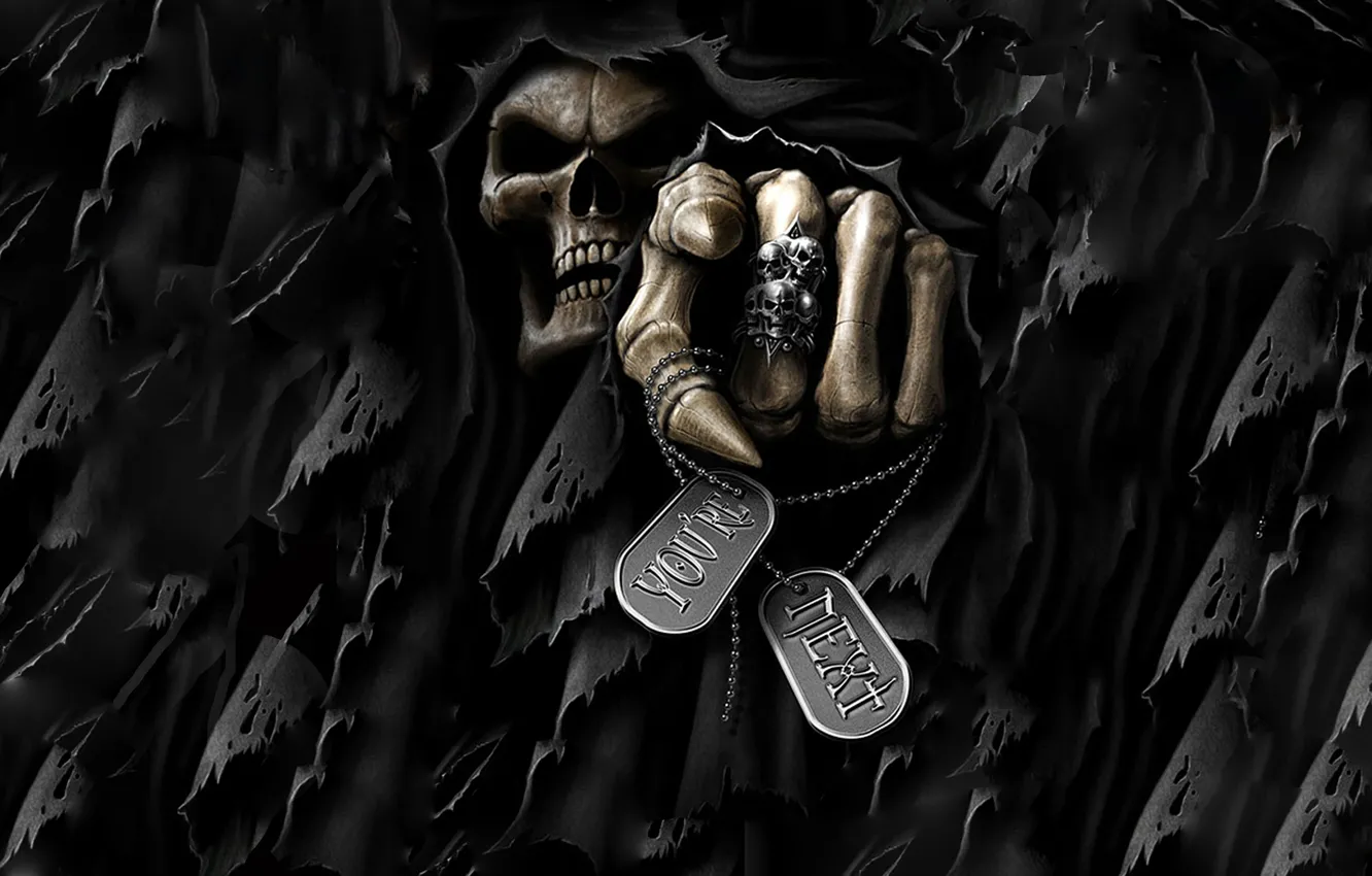 Photo wallpaper Skull, Death, Finger, Skeleton, Scary, The Dark Death, Scary, Pointing the finger of death