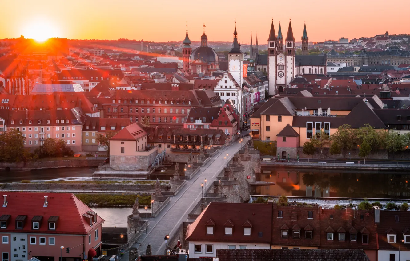 Photo wallpaper road, sunset, bridge, building, Germany, Cathedral, Würzburg