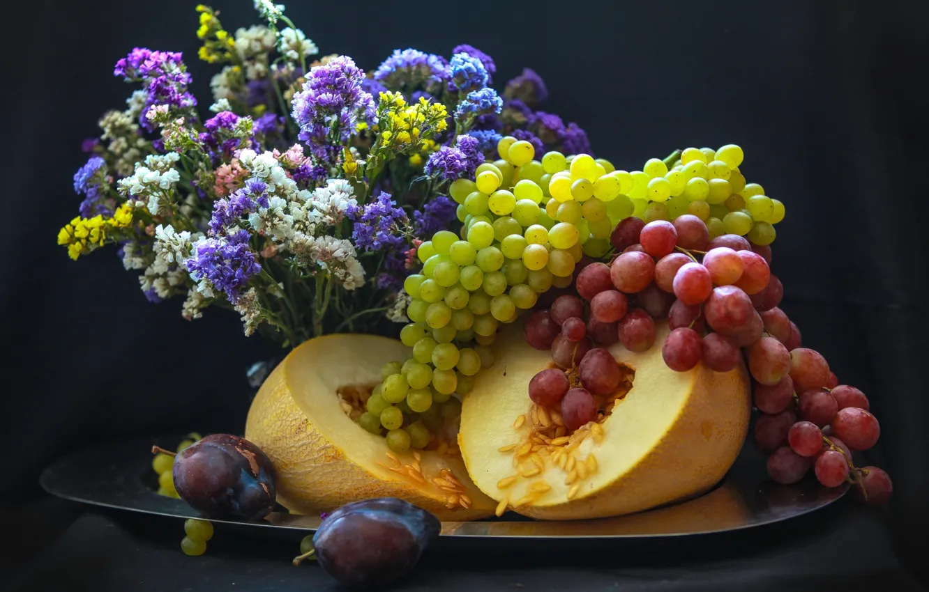 Photo wallpaper grapes, plum, melon