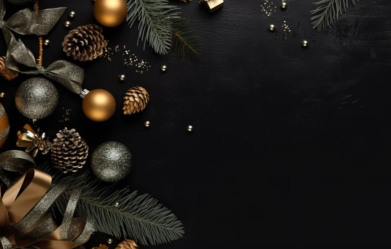 Photo wallpaper background, balls, new year, Christmas, golden, black, Christmas, balls