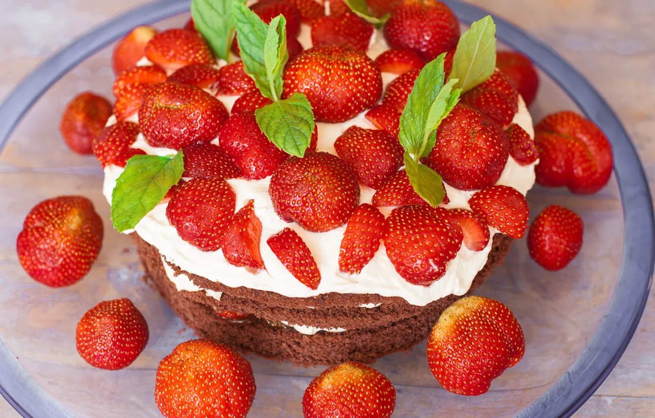 Photo wallpaper berries, strawberry, cake, mint, cream, a lot, dessert, tray
