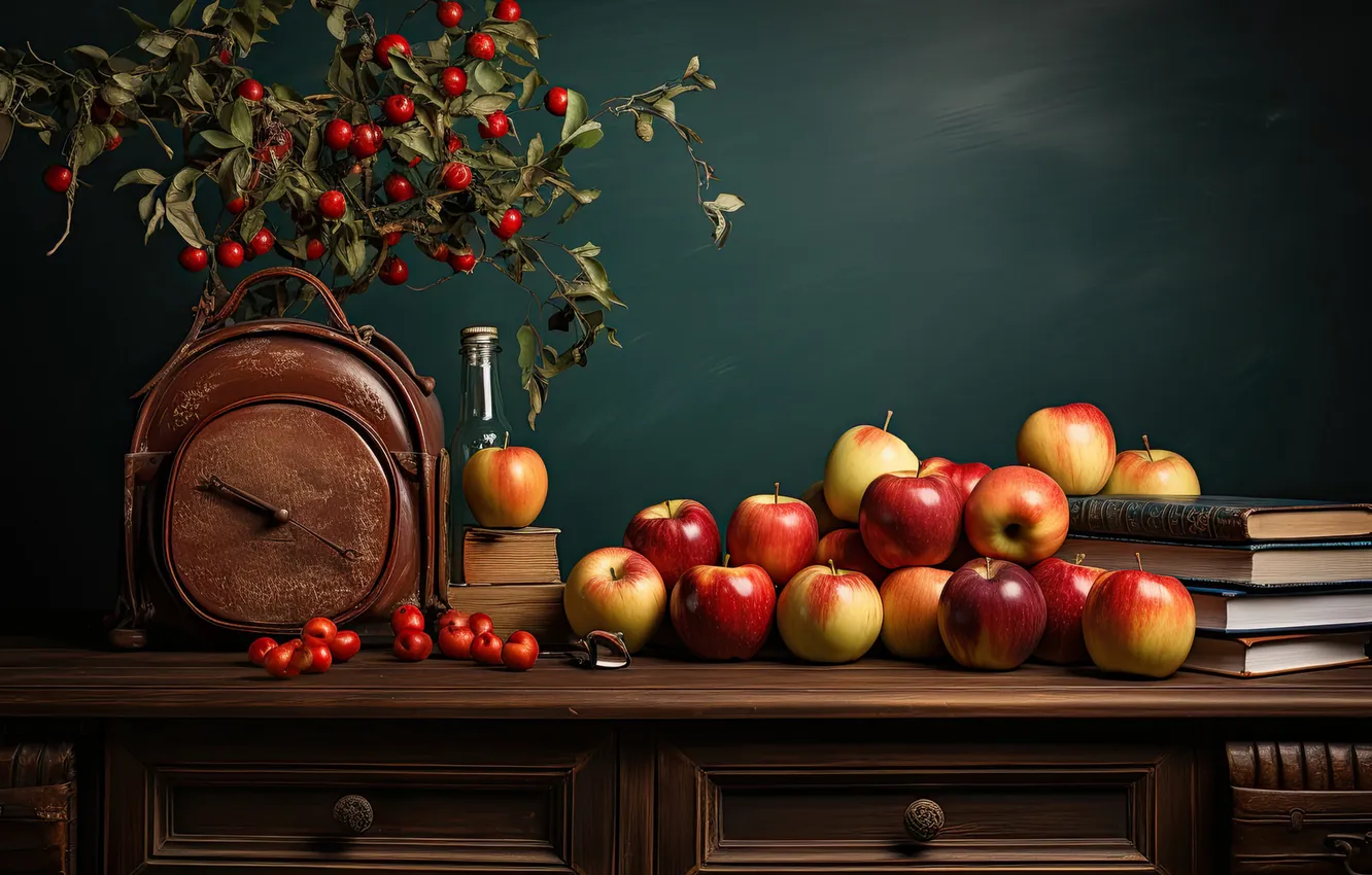 Photo wallpaper branches, apples, watch, books, fruit, still life, chest, AI art