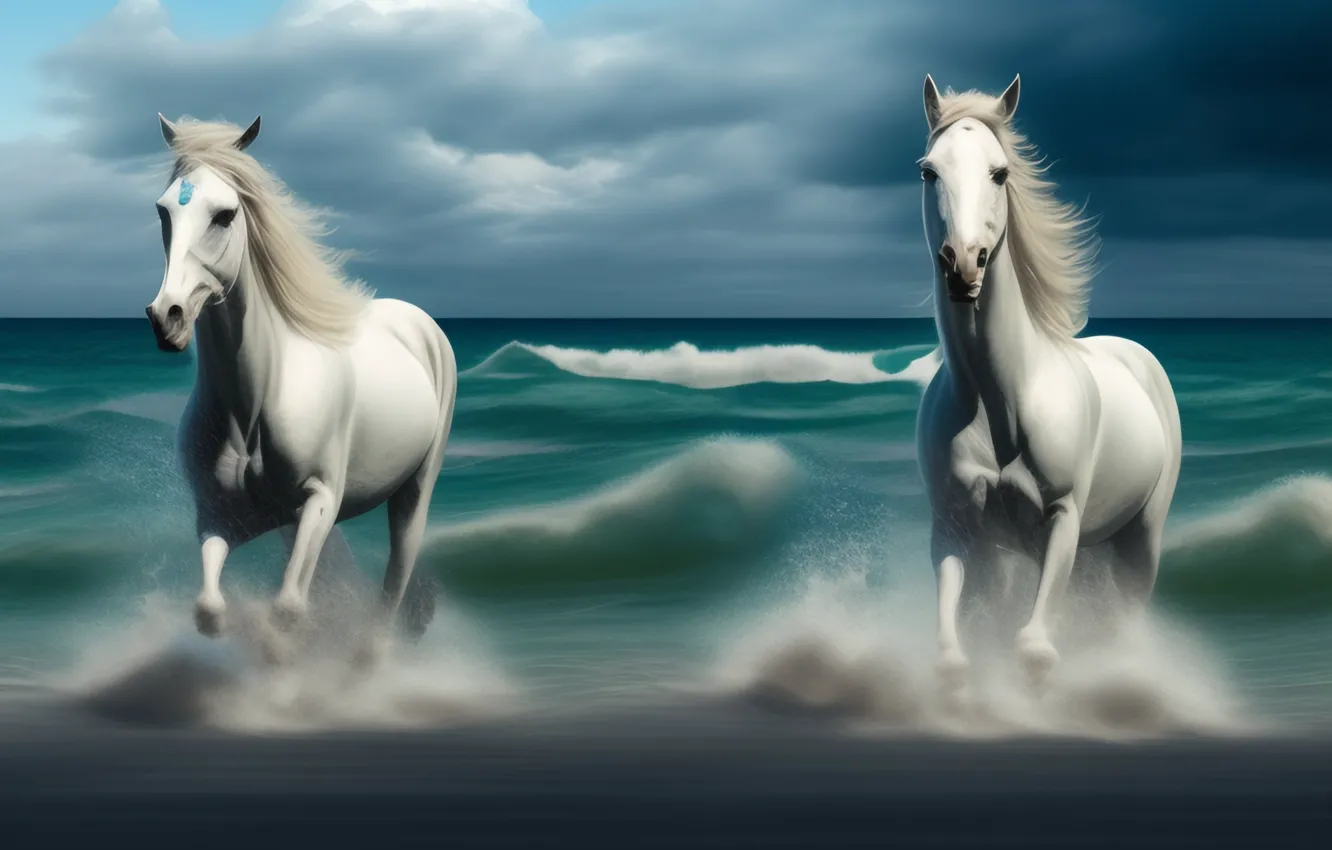 Photo wallpaper sea, wave, horse, horse, art, running, white, two