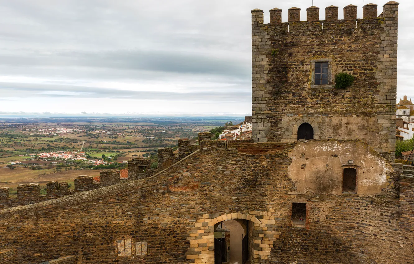 Photo wallpaper field, trees, castle, home, valley, panorama, Portugal, Castle of Monsaraz