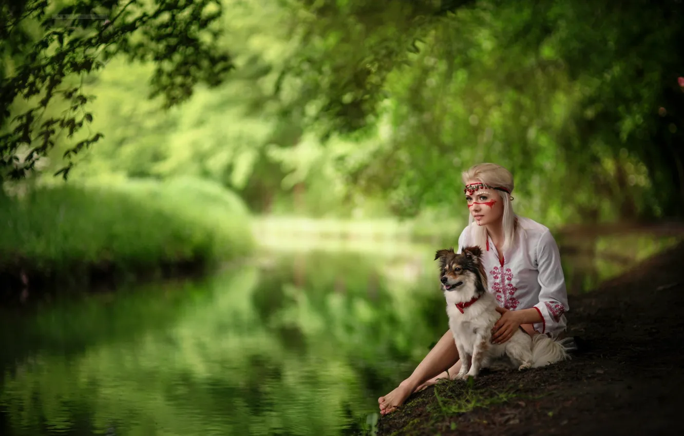 Photo wallpaper girl, nature, pond, dog, legs, river