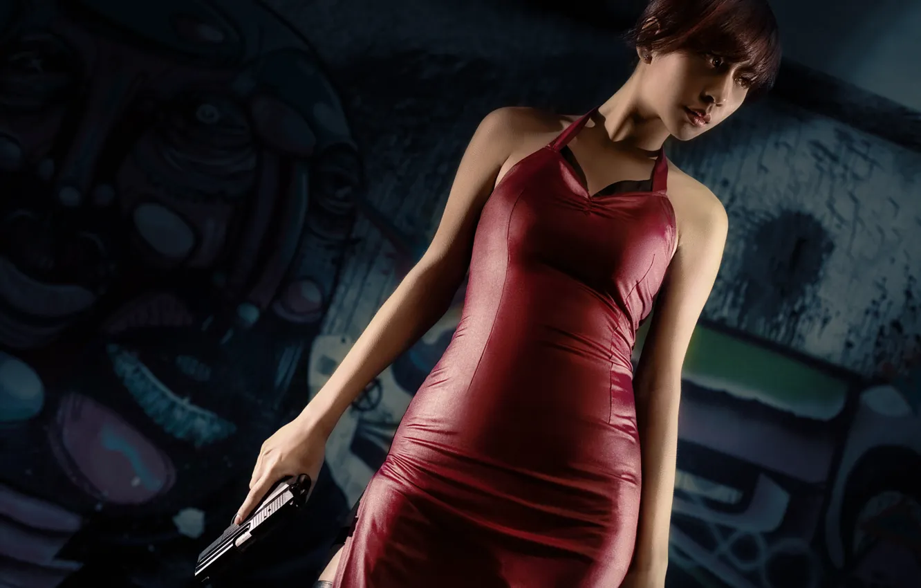 Photo wallpaper girl, gun, dress, Resident Evil