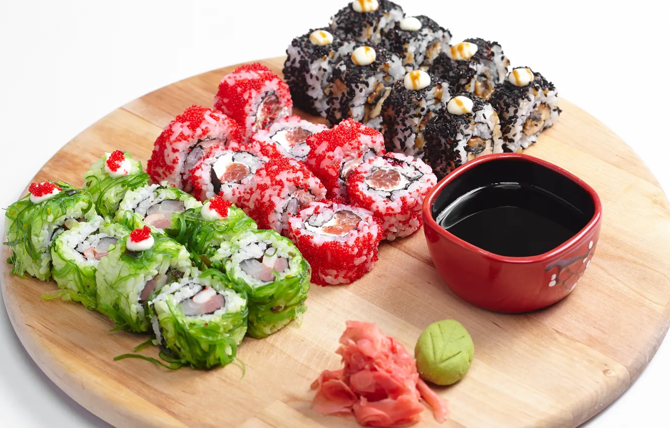 Photo wallpaper fish, sauce, caviar, rolls