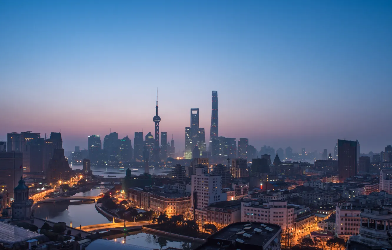 Photo wallpaper city, lights, China, Shanghai, twilight, river, sky, sea