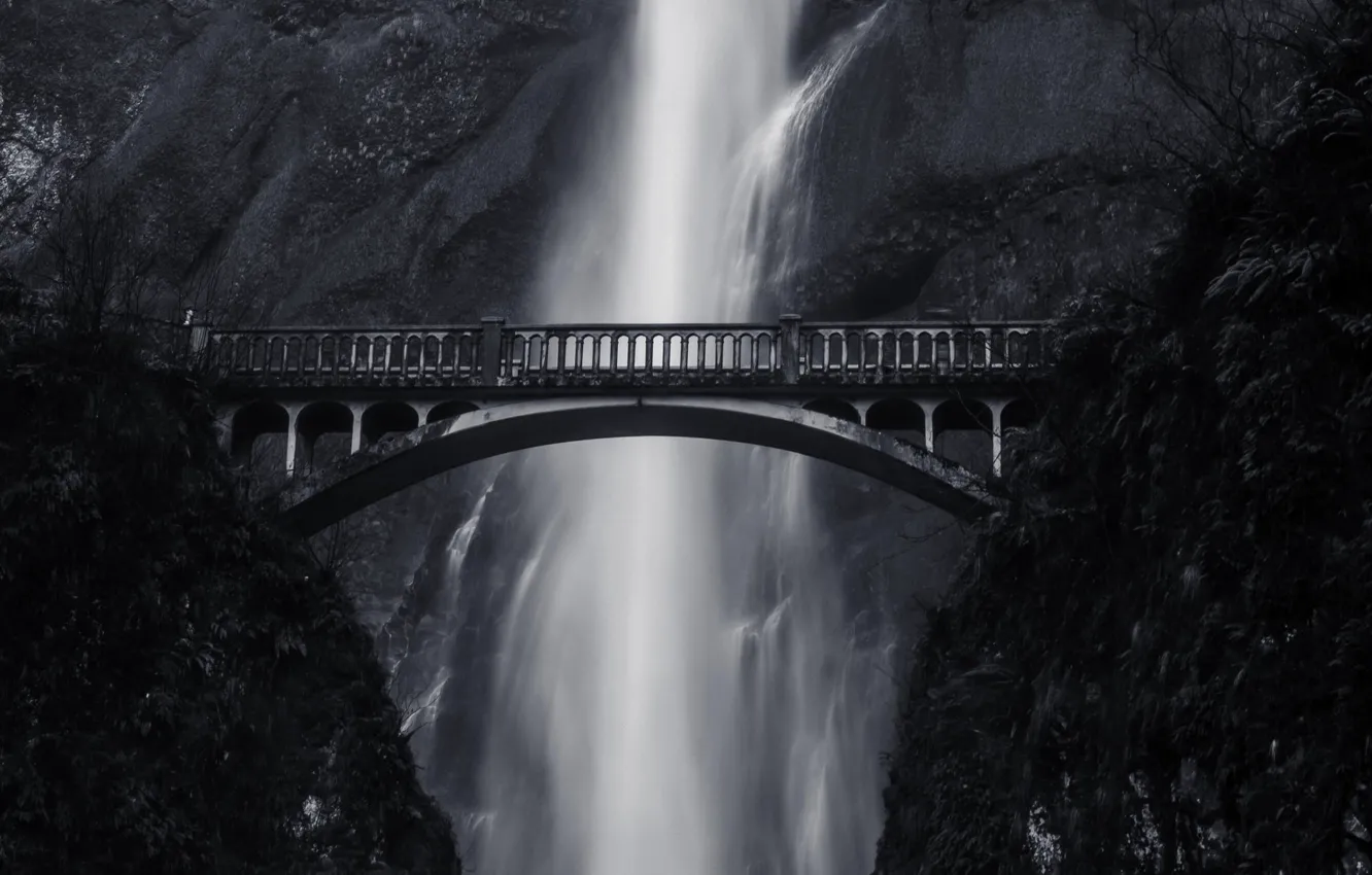 Photo wallpaper mountains, bridge, height, waterfall, black and white photo