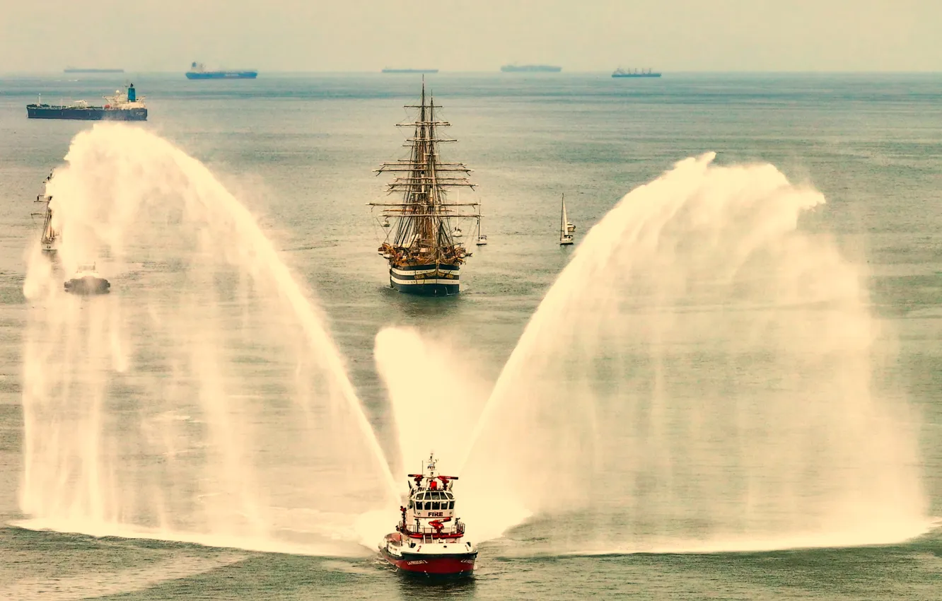Photo wallpaper landscape, meeting, sailboat, Amerigo Vespucci