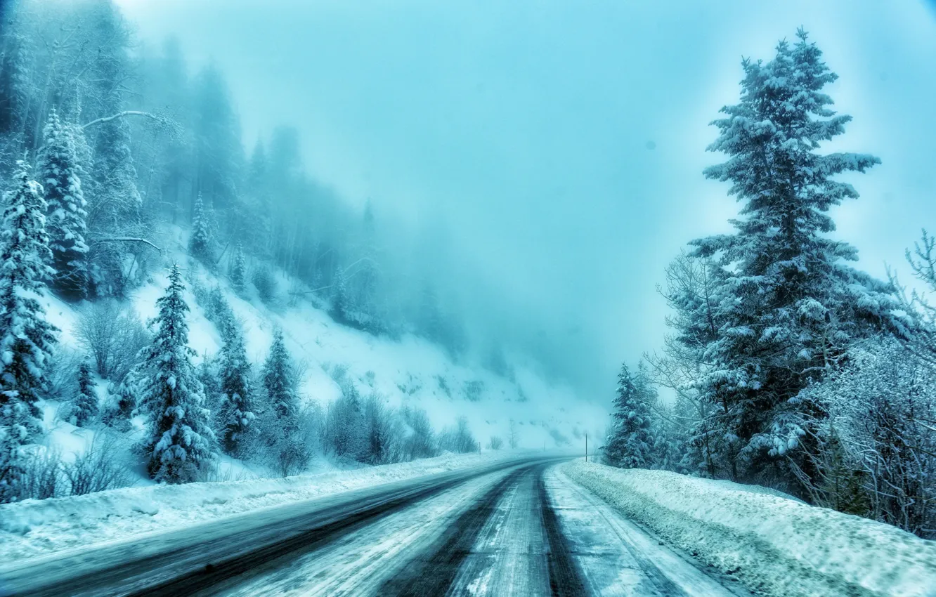 Photo wallpaper winter, road, fog