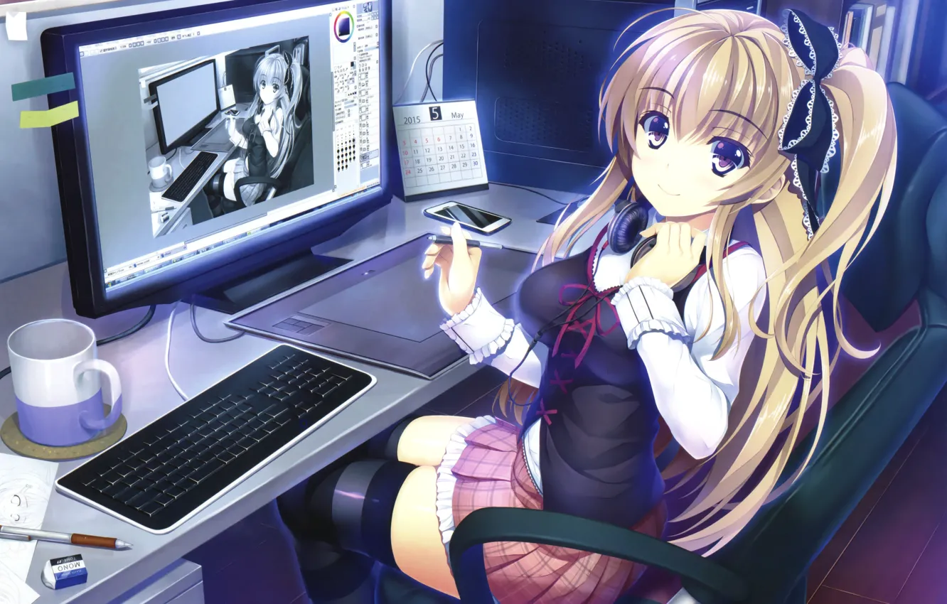 Photo wallpaper computer, girl, handle, keyboard, sitting, screen, anime, art