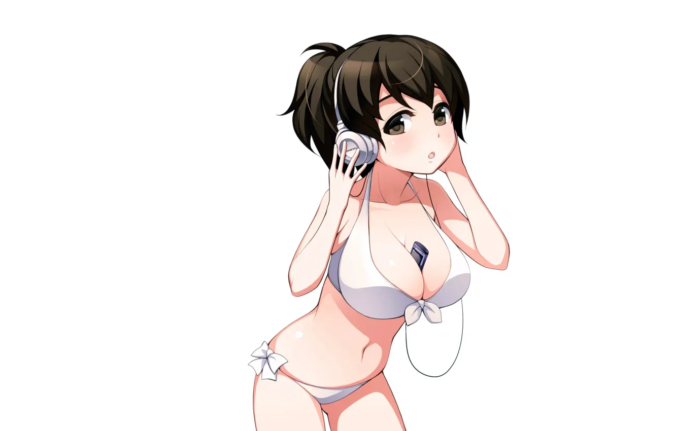 Photo wallpaper girl, sexy, cleavage, boobs, anime, headphones, beautiful, short hair