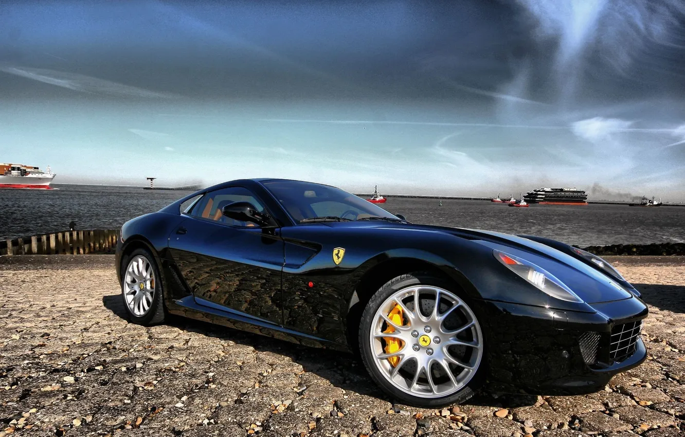 Photo wallpaper sea, the sky, black, yacht, Ferrari 599 GTB Fiorano