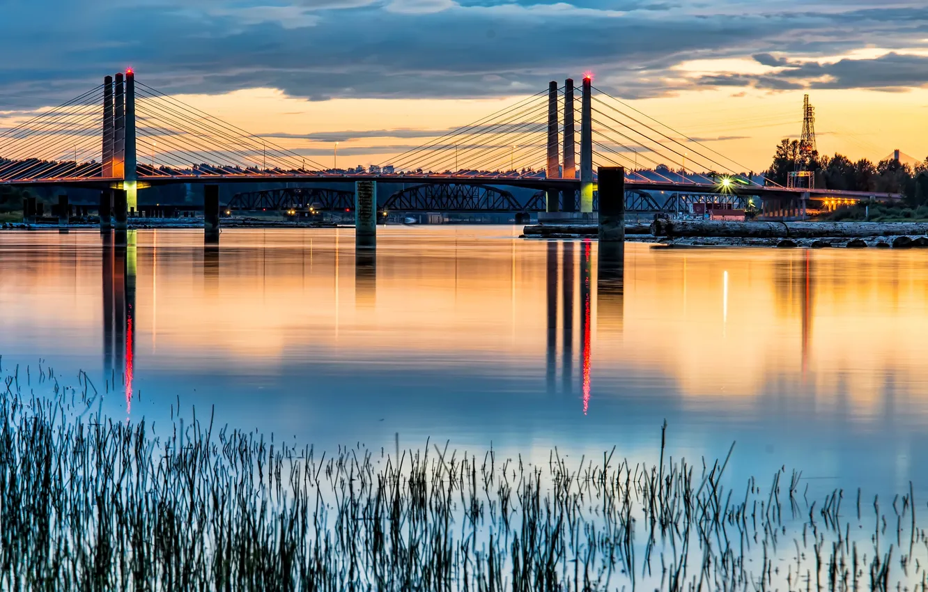 Photo wallpaper sunset, river, Canada, bridges, Port Coquitlam