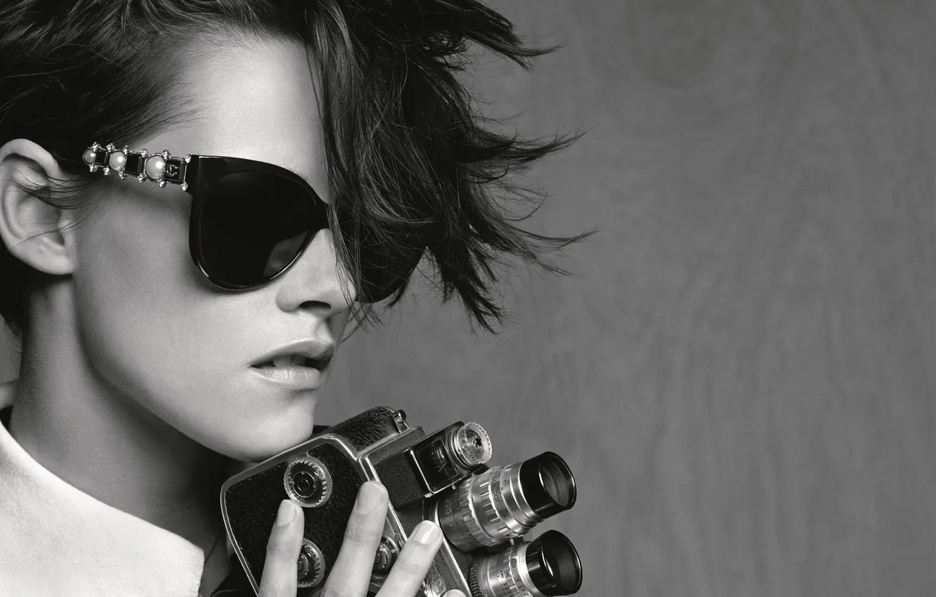 Photo wallpaper girl, dark, camera, actress, glasses, black and white, Kristen Stewart