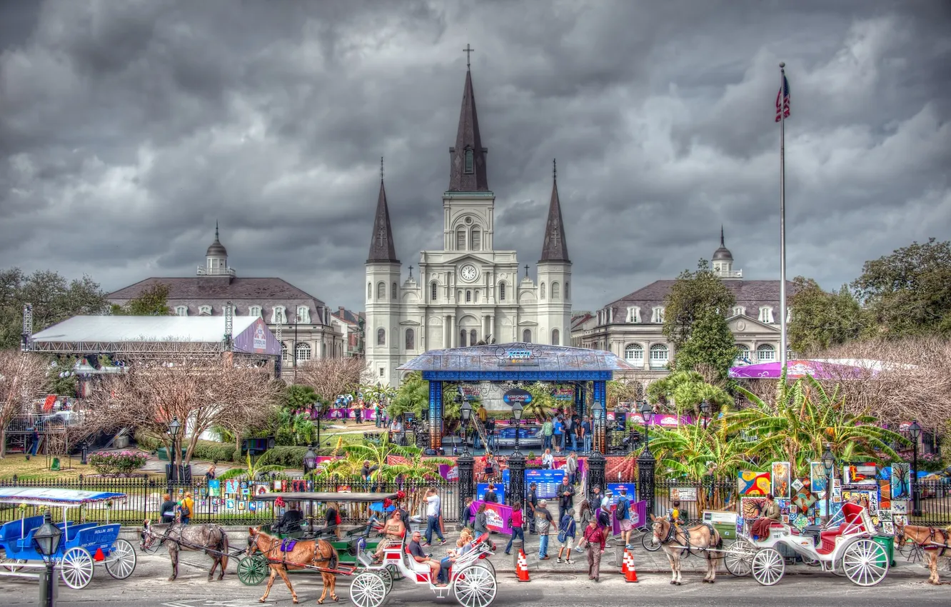 Photo wallpaper holiday, scene, horse, Cathedral, coach, New Orleans, New Orleans