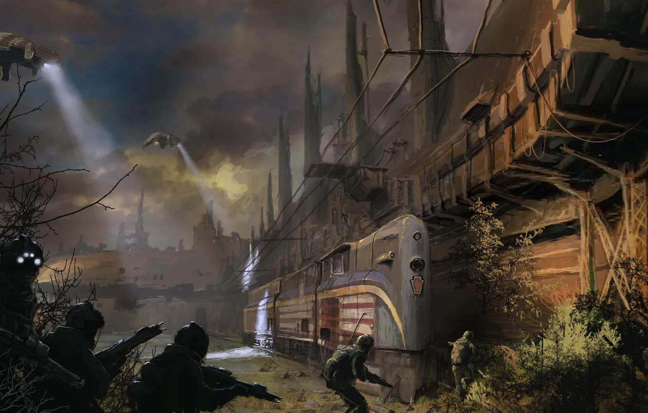 Photo wallpaper night, the city, robot, soldiers, helicopter, urine