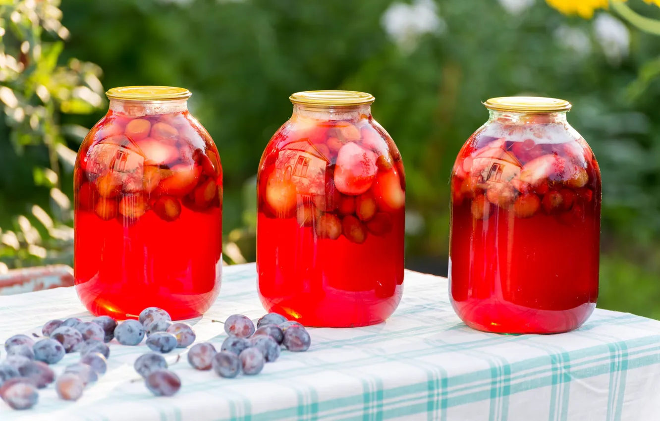 Photo wallpaper table, beauty, Bank, plum, compote, fruit, blank