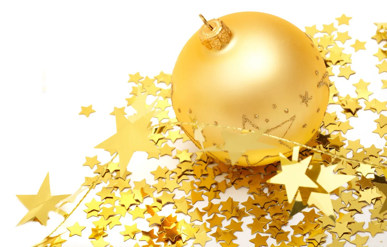 Photo wallpaper white, stars, background, gold, balls, toy
