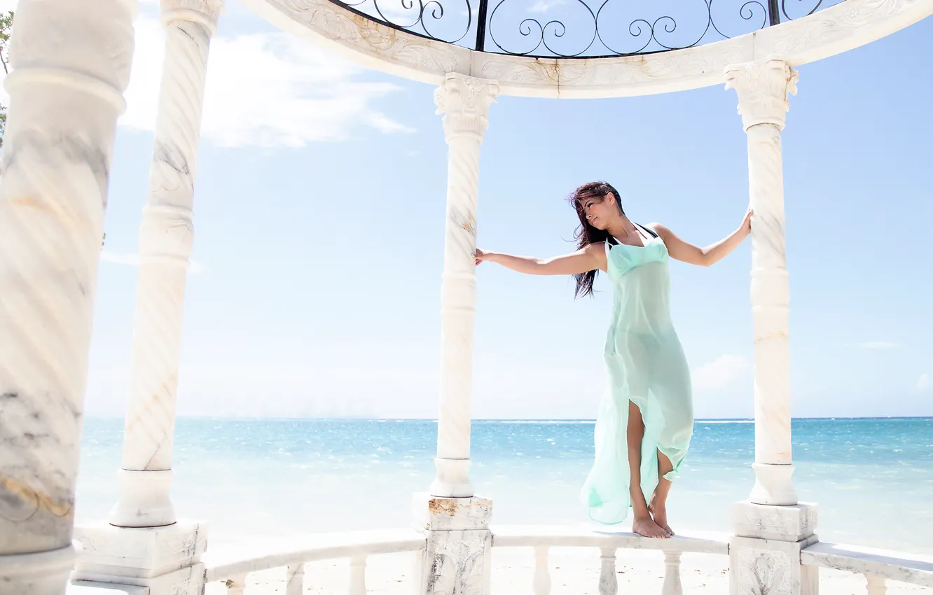 Photo wallpaper sea, girl, mood, gazebo