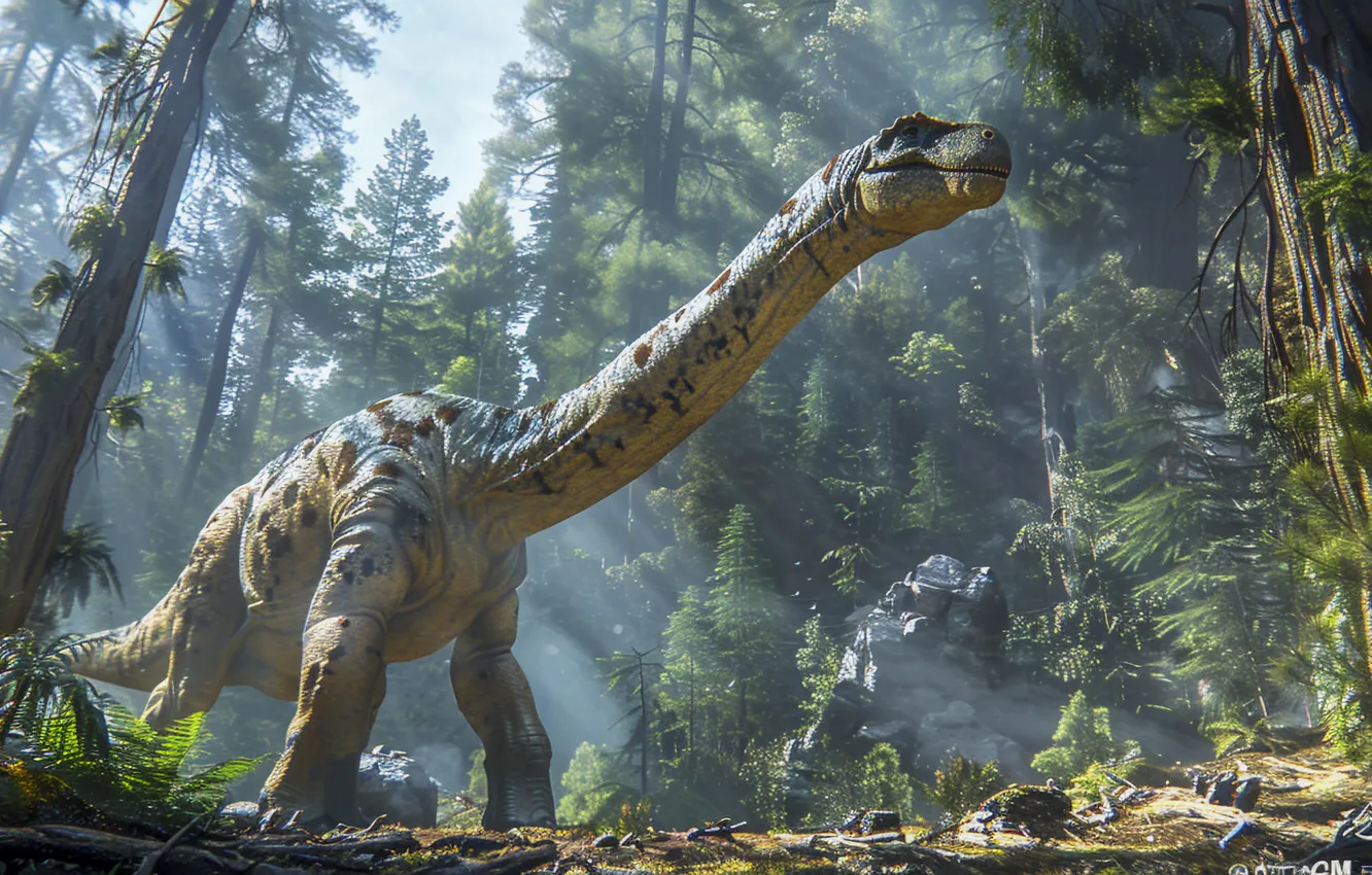 Photo wallpaper trees, animal, dinosaur, neck, digital art, Ancient animals, Extinct animals, Prehistoric