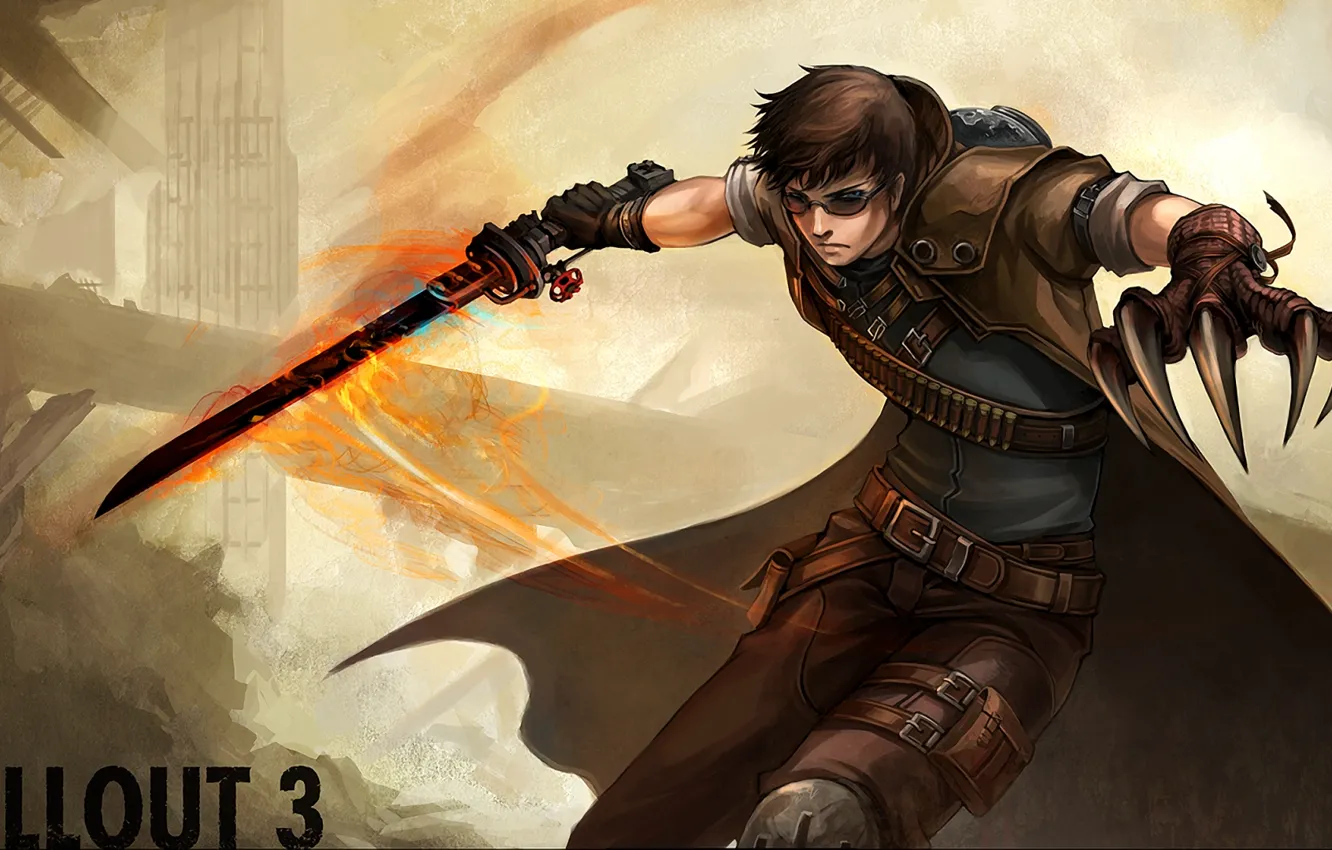 Photo wallpaper flame, sword, glasses, claws, gloves, cartridges, Fallout, Fallout 3