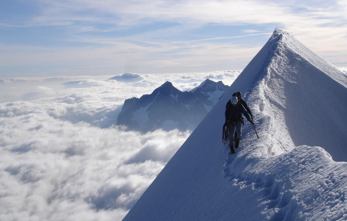 Photo wallpaper the sky, clouds, snow, people, trail, mountain, top