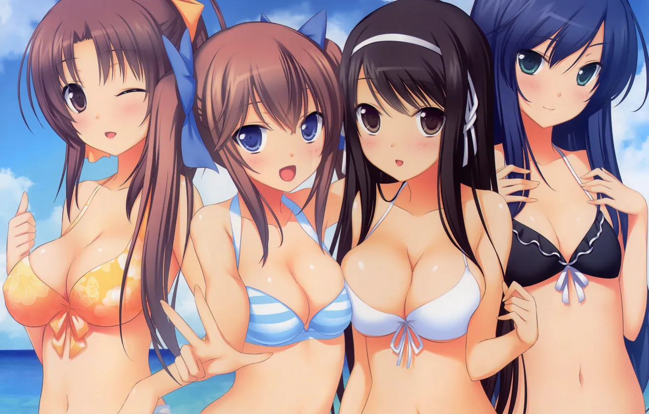 Photo wallpaper sexy, cleavage, sky, green eyes, long hair, sea, girls, brown hair