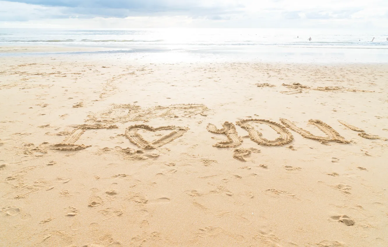 Photo wallpaper sand, sea, beach, love, heart, love, beach, I love you