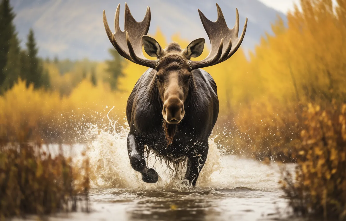 Photo wallpaper autumn, forest, nature, pond, moose, AI art, neural network