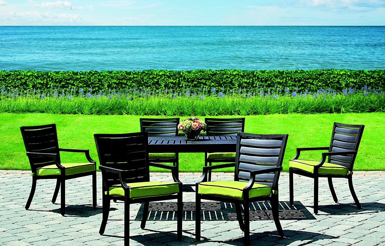Photo wallpaper greens, grass, water, nature, design, table, lawn, chairs