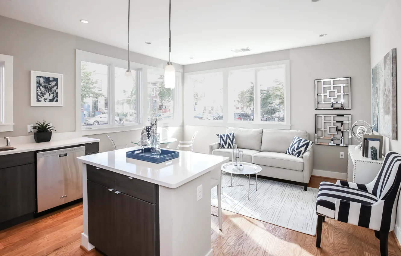 Photo wallpaper design, style, interior, kitchen, living room, upholstered furniture