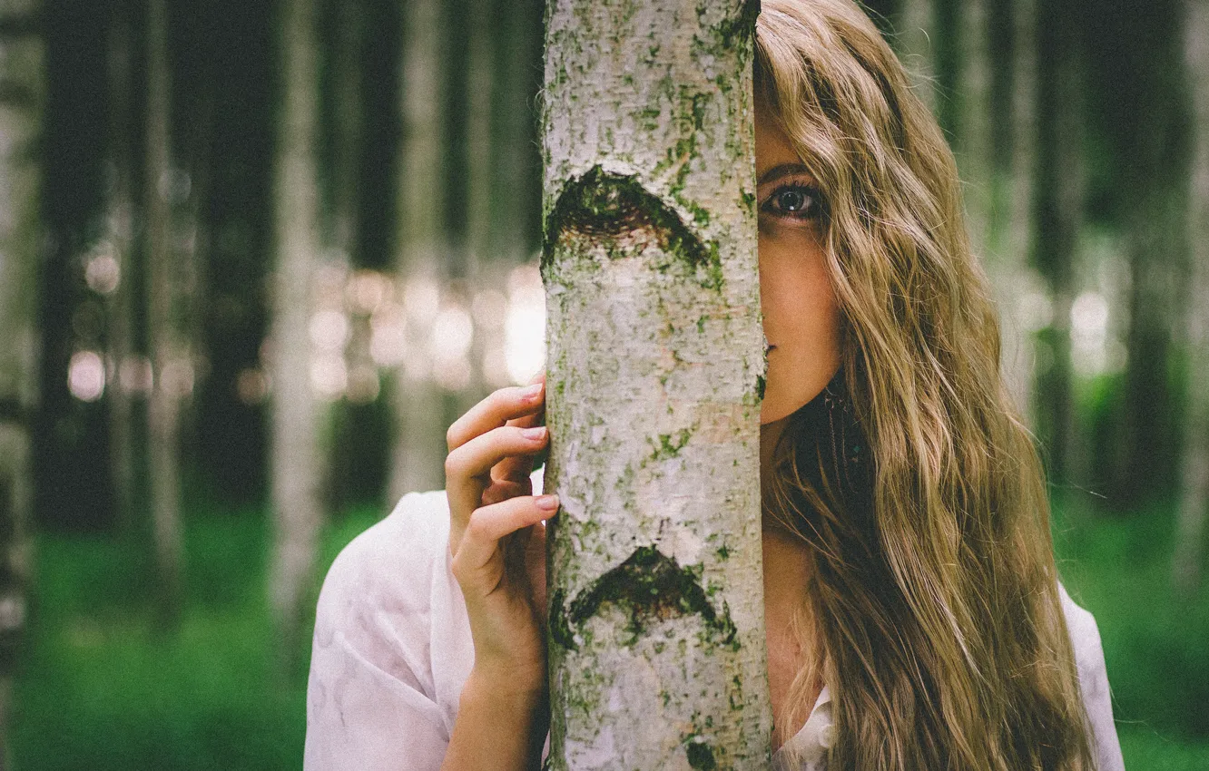 Photo wallpaper look, trees, face, model, hair, Jacqueline, birch