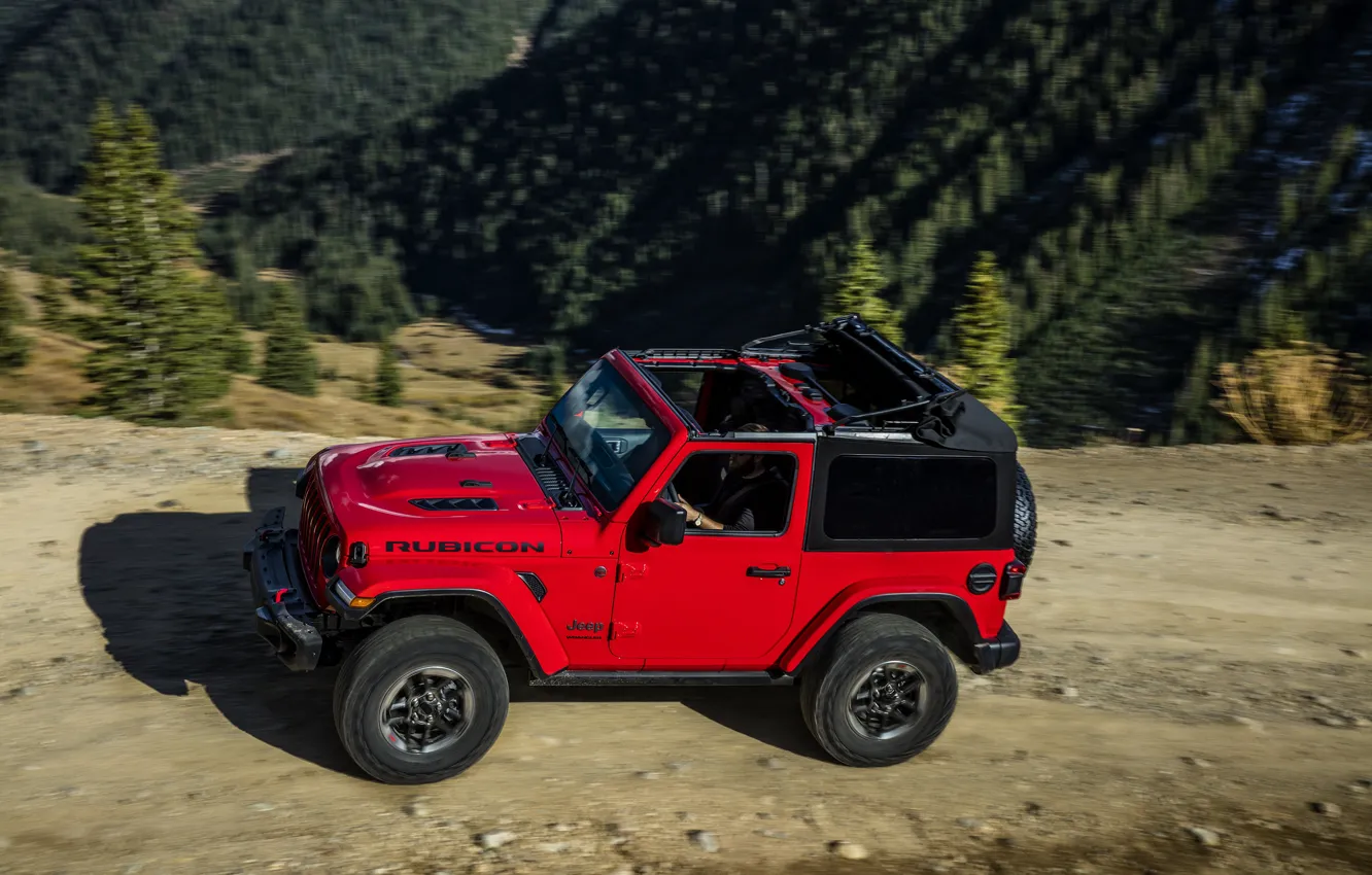 Photo wallpaper road, trees, red, open, shadow, 2018, Jeep, Wrangler Rubicon