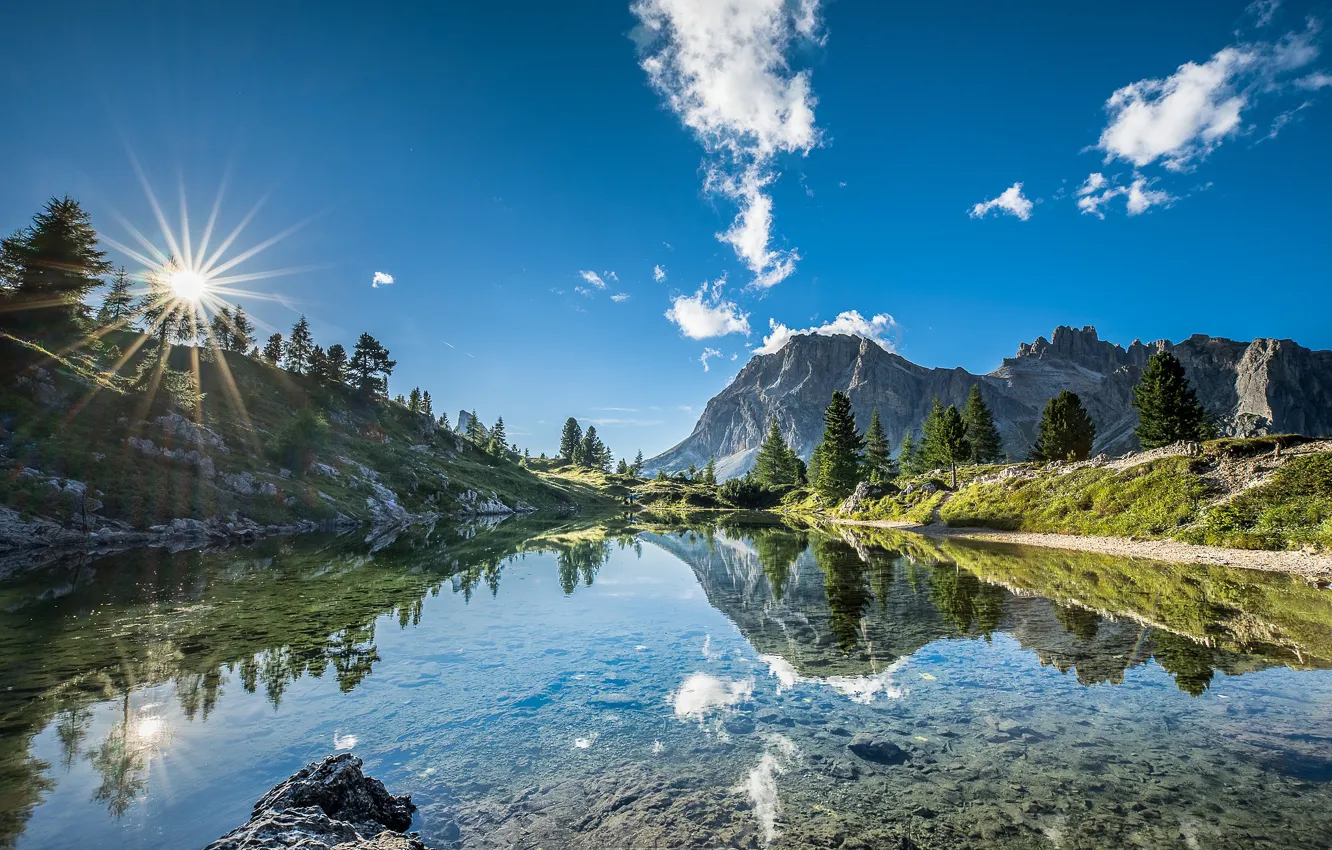 Photo wallpaper the sky, mountains, lake, reflection, Italy, Italy, The Dolomites, South Tyrol