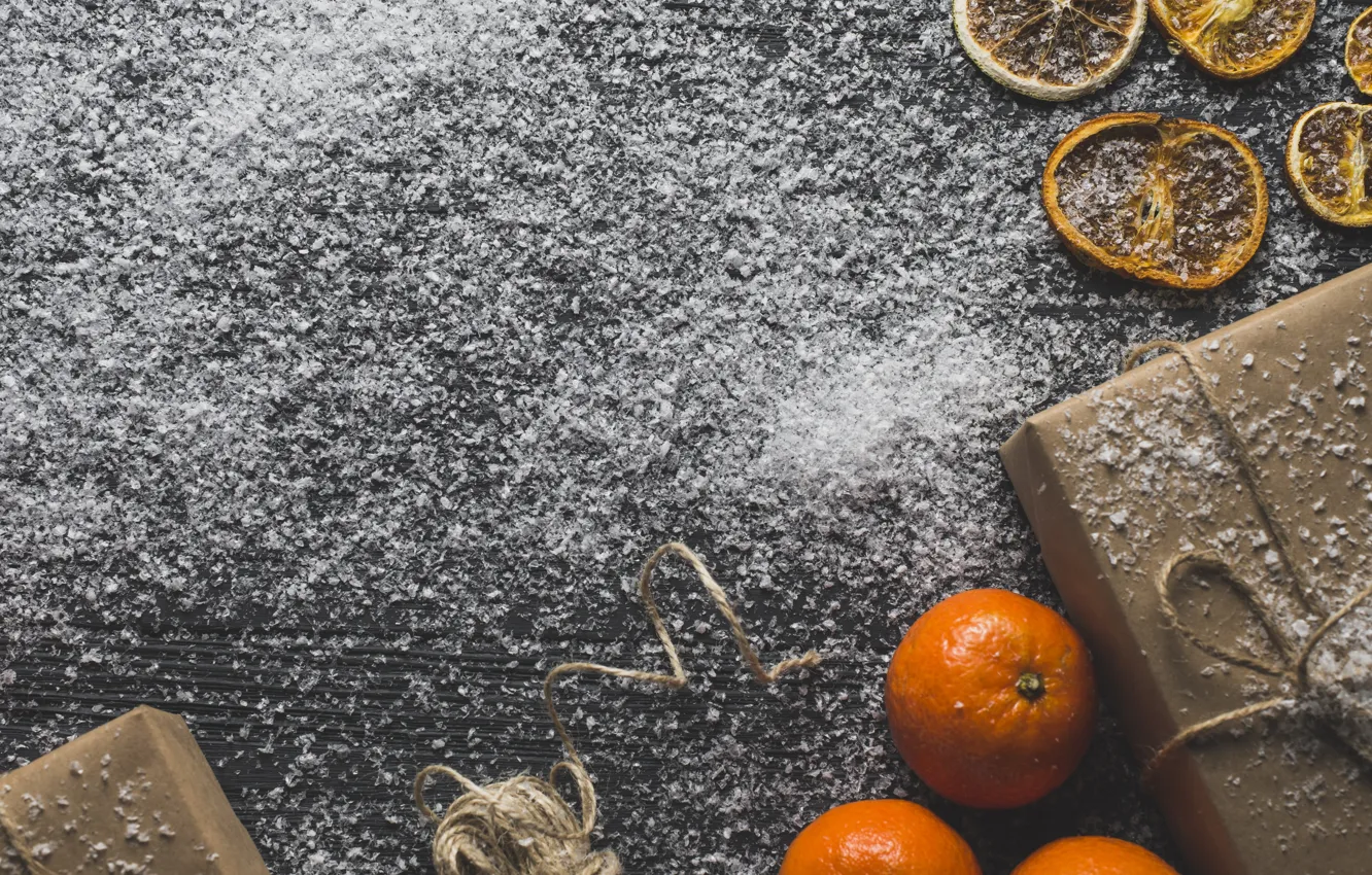 Photo wallpaper snow, gift, new year, citrus, tangerines