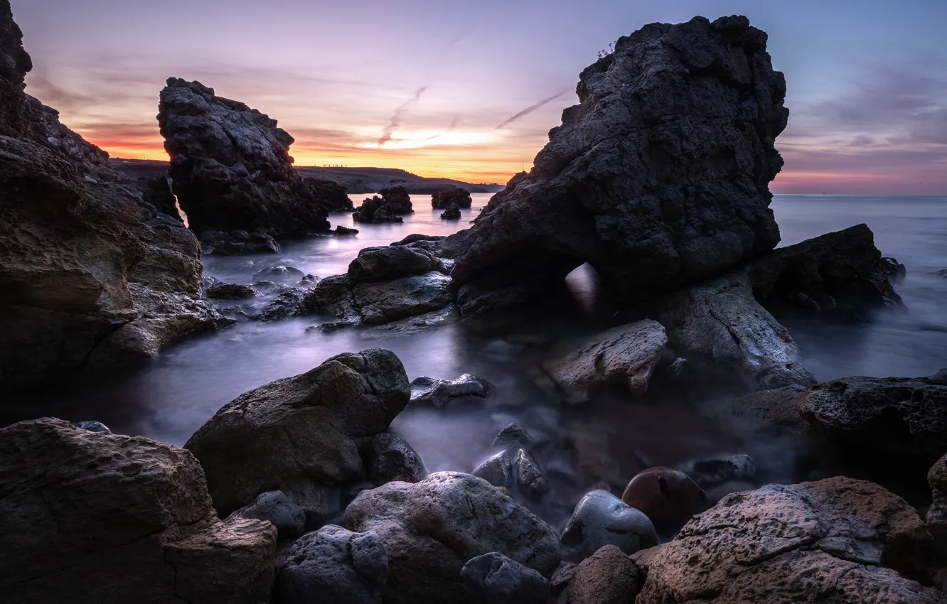 Photo wallpaper sea, the sky, sunset, stones, rocks, shore, the evening, boulders