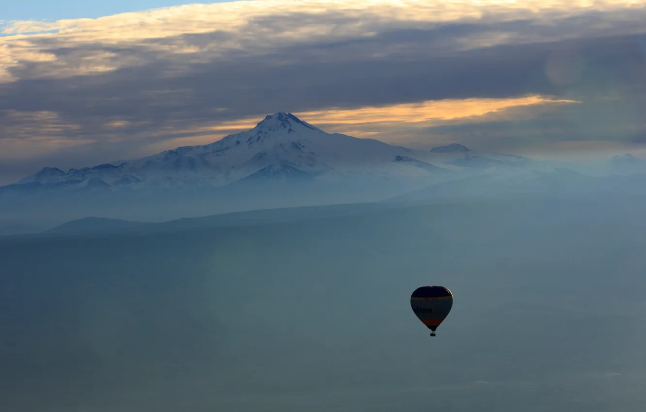 Photo wallpaper the sky, clouds, flight, mountains, balloon