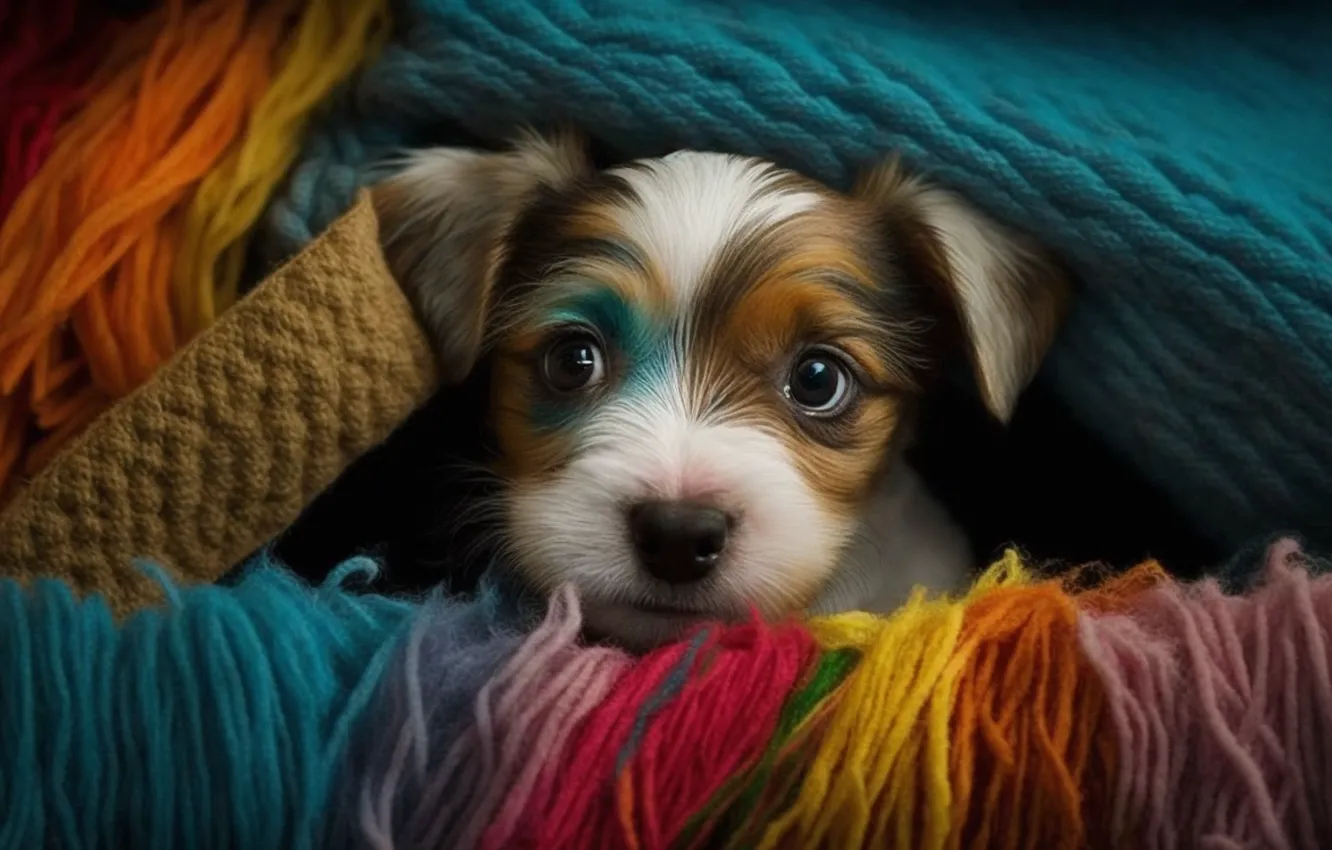 Photo wallpaper eyes, look, dog, puppy, blanket, face, closeup, digital art