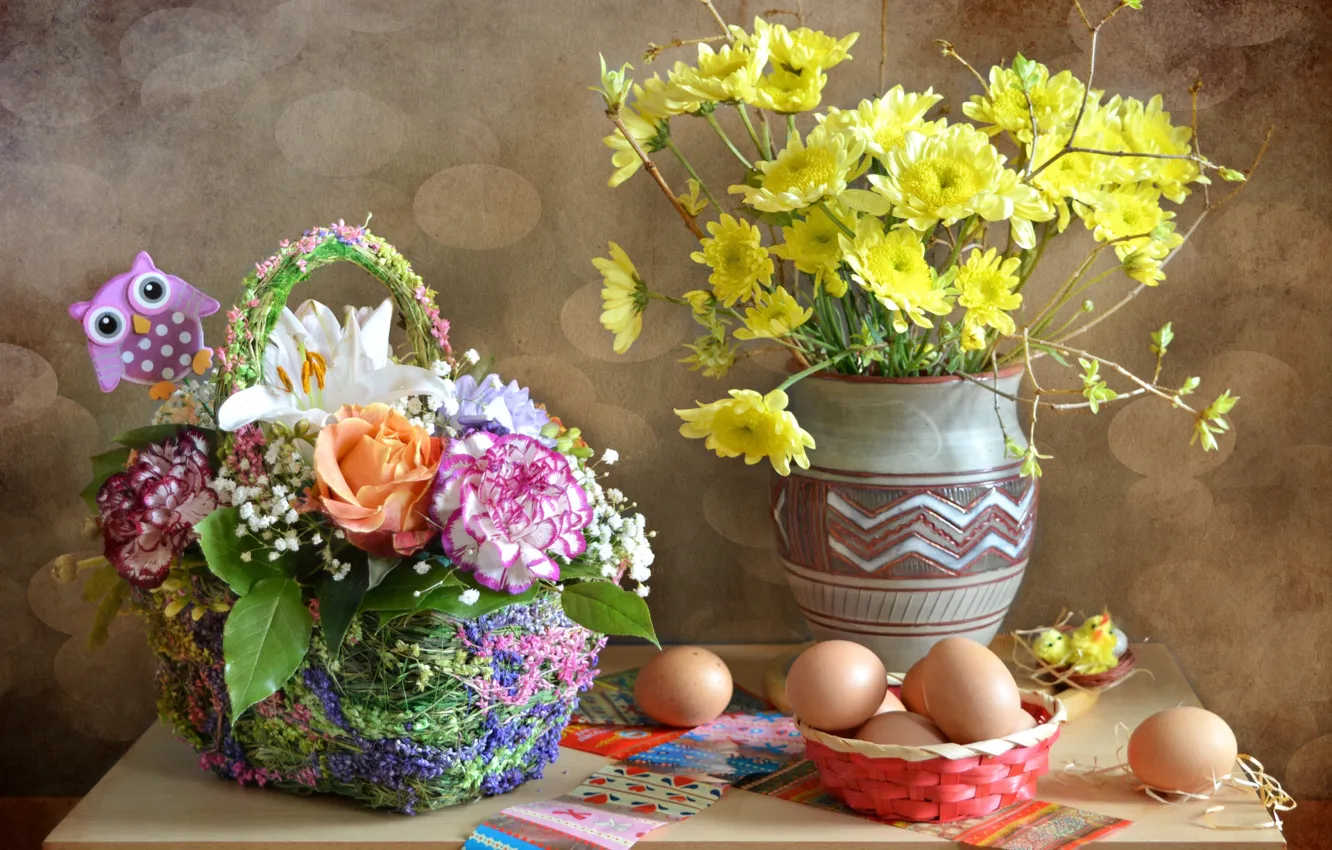 Photo wallpaper flowers, eggs, bouquet, Easter, stickers