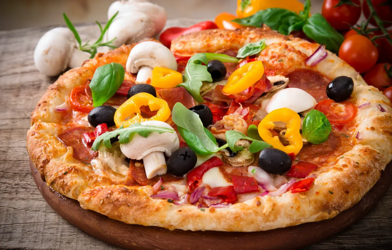 Photo wallpaper mushrooms, pepper, vegetables, pizza, tomatoes, olives